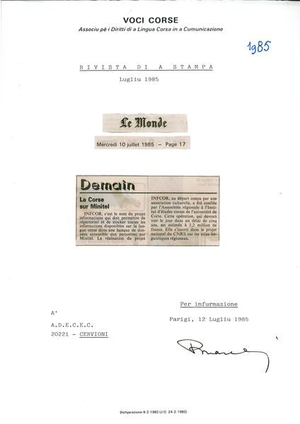 La corse sur minitel
