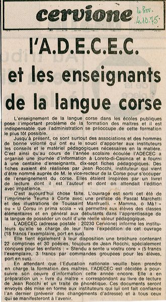 Ghjuvan Teramu Rocchi enseignement de la langue co