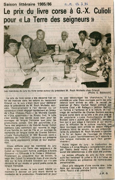Prix du livre corse a GX Culioli