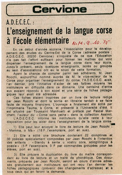 Ghjuvan Teramu Rocchi enseignement de la langue co