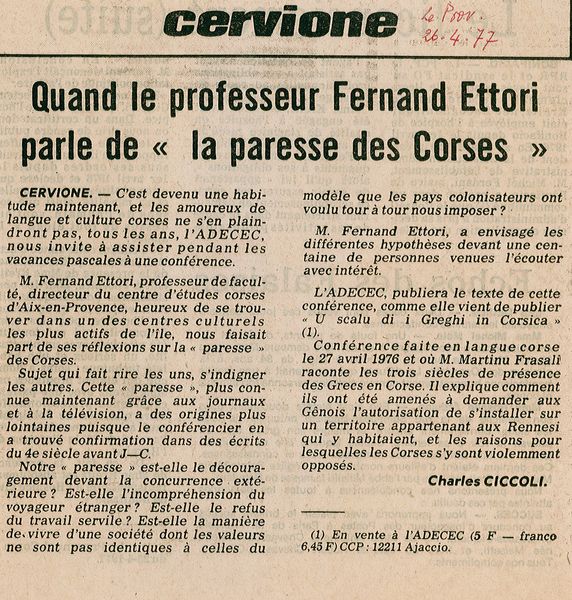 Fernand Ettori la paresse des corses