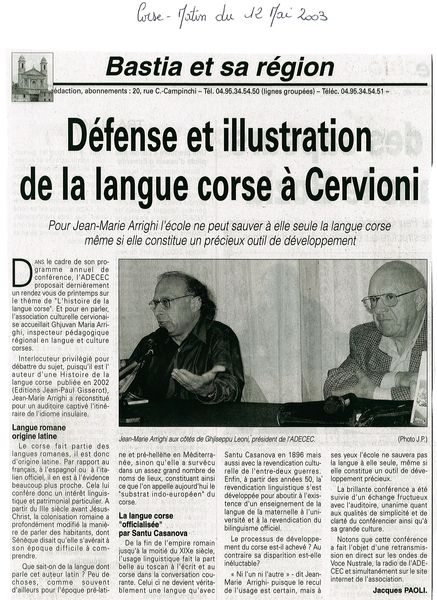 Défense et illustration de la langue Corse à Cervi