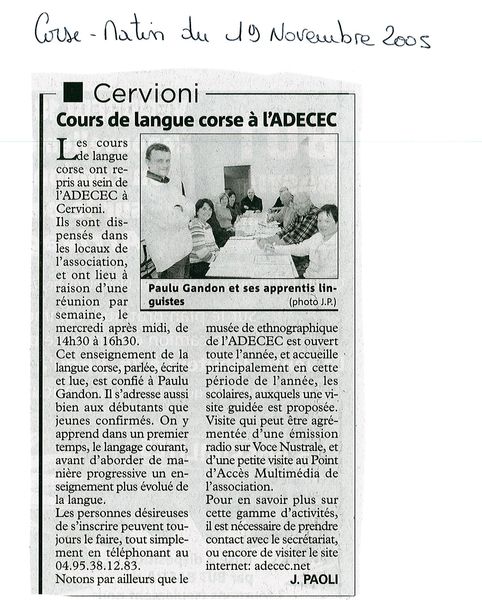 Cours de langue corse à l'ADECEC