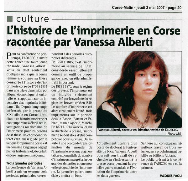 L'histoire de l'imprimerie en Corse racontée par V