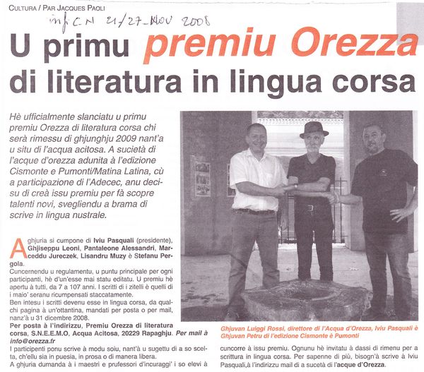 U premiu Orezza di literatura in lingua Corsa 2