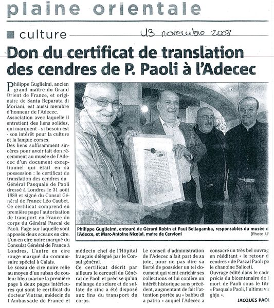 Don du certificat de translation des cendres de Pa